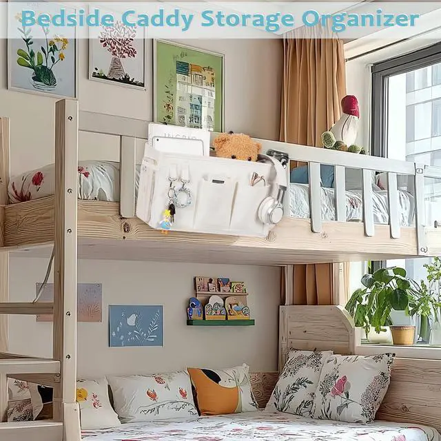 Alt view image 2 of 7 - B Bedside Storage Bag Hanging Organizer for Bunk Dorm Bed Rail | Bed Caddy with Hooks, Top Bunks and Dorm Essentials for Water, Tissues, Tablets, Books, Phones, Remotes and Other Necessories