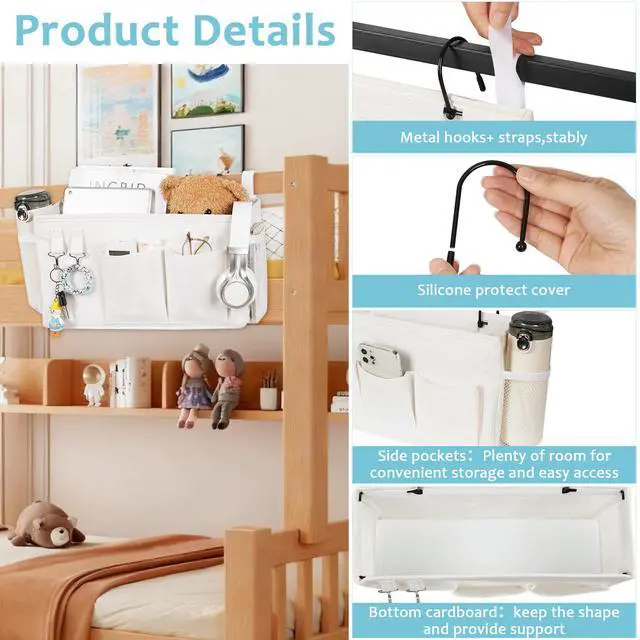 Alt view image 3 of 7 - B Bedside Storage Bag Hanging Organizer for Bunk Dorm Bed Rail | Bed Caddy with Hooks, Top Bunks and Dorm Essentials for Water, Tissues, Tablets, Books, Phones, Remotes and Other Necessories