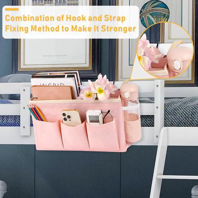 Alt view image 2 of 6 - Bedside Caddy, Bedside Storage Bag Hanging Organizer for Bunk Bed | Bed Caddy with Fixed Straps and Water Bottle Holder for Home, College Dorm, Bunk Bed, Hospital Bed and Crib Bed Rails