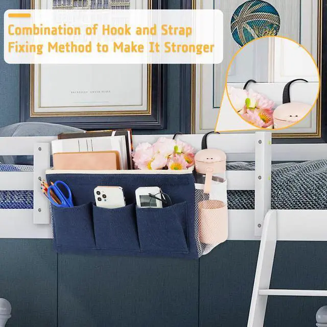 Alt view image 2 of 6 - Bedside Caddy, Bedside Storage Bag Hanging Organizer for Bunk Bed | Bed Caddy with Fixed Straps and Water Bottle Holder for Home, College Dorm, Bunk Bed, Hospital Bed and Crib Bed Rails