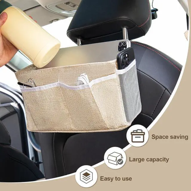Alt view image 6 of 7 - Bedside Caddy, bedside organizer, Hanging Organizers (Beige) | Storage Bags with Self-adhesive on The Back to Hang Over Beds for Headboards, Bunk Bed, Car Seat Back Organizers