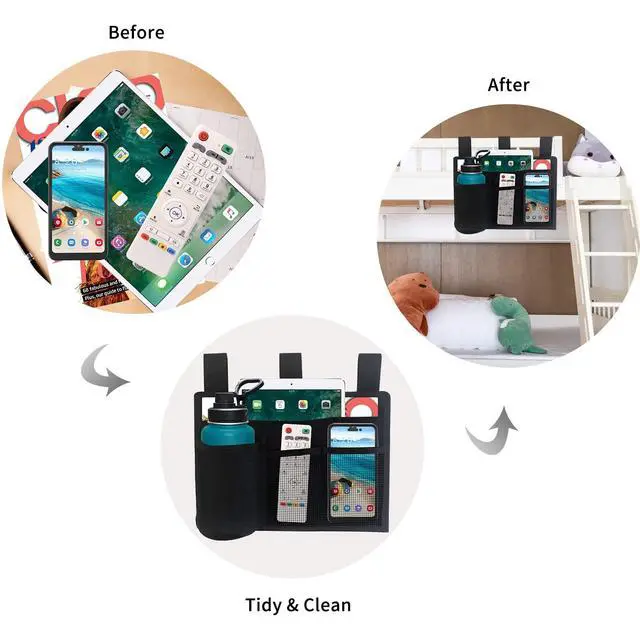 Alt view image 3 of 7 - Bedside Storage Caddy, Bunk Bed Storage Bag, Hanging Bedside Organizer | for TV Remote Control, Phones, Tablets, Bedside Pocket for College Dorm Rooms Baby Bed Rails, Hospital, Camp