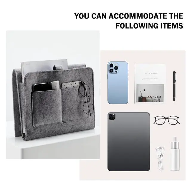 Alt view image 6 of 7 - Bedside Caddy, Bedside Organizer for Dorm Room, Bunk Bed, Grey | Soft Felt Fabric Bed Caddy, Bedside Pocket, Remote Control Holder for Bedroom, Dorm, Bunk Bed & Sofa, Books, Phones & Glasses