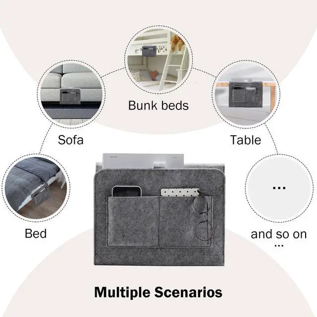 Alt view image 7 of 7 - Bedside Caddy, Bedside Organizer for Dorm Room, Bunk Bed, Grey | Soft Felt Fabric Bed Caddy, Bedside Pocket, Remote Control Holder for Bedroom, Dorm, Bunk Bed & Sofa, Books, Phones & Glasses