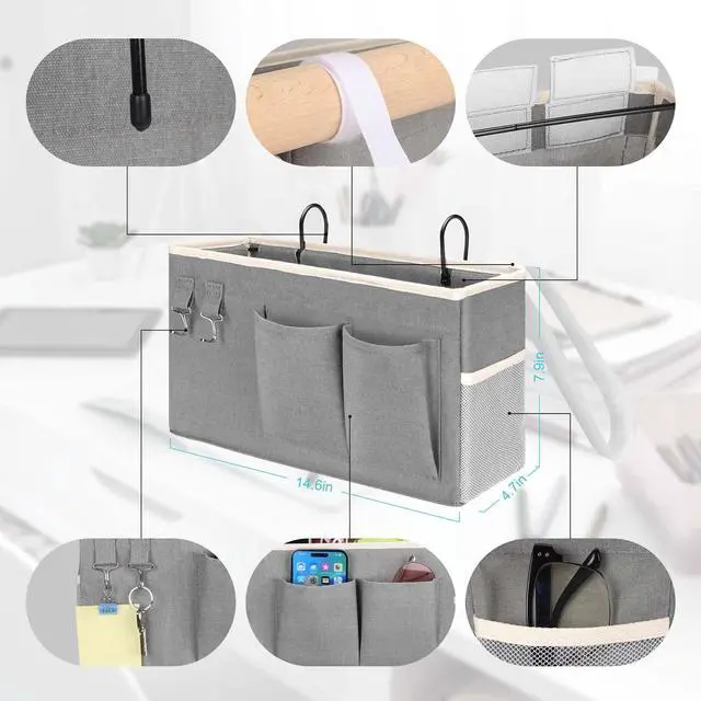 Alt view image 2 of 7 - 1pcs Bedside Caddy Hanging Storage Bag, Organizer Baskets with Pockets for Bunk Bed Accessories, Loft & Dorm Rooms Chair Bed Rails (Grey-1pcs)