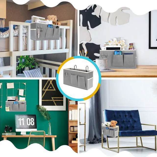 Alt view image 5 of 7 - 1pcs Bedside Caddy Hanging Storage Bag, Organizer Baskets with Pockets for Bunk Bed Accessories, Loft & Dorm Rooms Chair Bed Rails (Grey-1pcs)