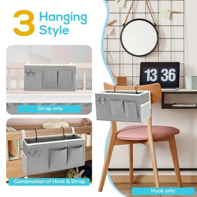 Alt view image 4 of 7 - 1pcs Bedside Caddy Hanging Storage Bag, Organizer Baskets with Pockets for Bunk Bed Accessories, Loft & Dorm Rooms Chair Bed Rails (Grey-1pcs)