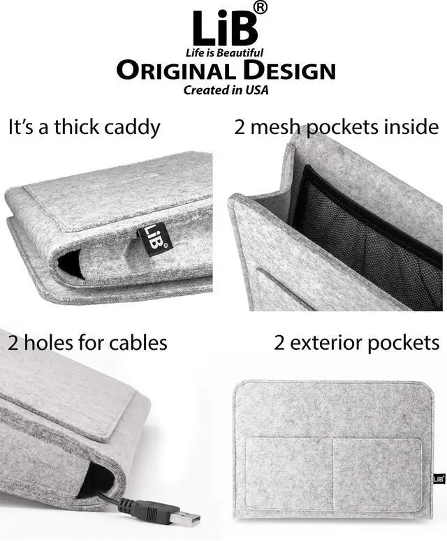 Alt view image 2 of 6 - Bedside Caddy, Original Design | Large Size 9.5" x 13.5" | Laptop Holder | 100% Handmade | College Room, Kids Bunk Bed, Hospital Bed | Night Hanging Storage Organizer (Light Gray)