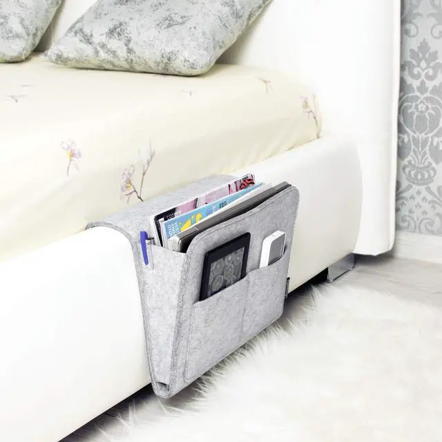 Alt view image 4 of 6 - Bedside Caddy, Original Design | Large Size 9.5" x 13.5" | Laptop Holder | 100% Handmade | College Room, Kids Bunk Bed, Hospital Bed | Night Hanging Storage Organizer (Light Gray)