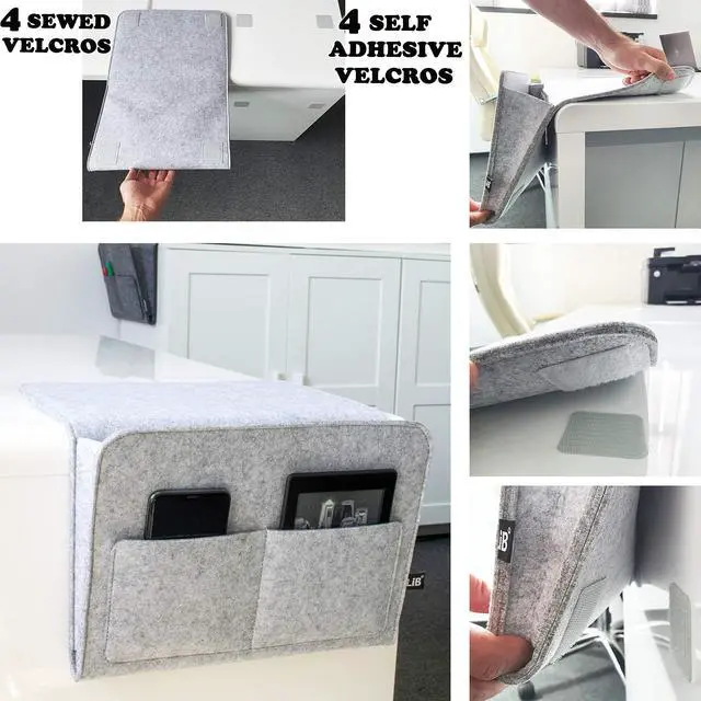 Alt view image 3 of 6 - Bedside Caddy, Original Design | Large Size 9.5" x 13.5" | Laptop Holder | 100% Handmade | College Room, Kids Bunk Bed, Hospital Bed | Night Hanging Storage Organizer (Light Gray)