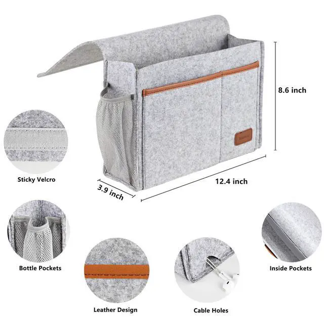Alt view image 4 of 7 - Bedside Caddy, Felt Bed Storage Organizer Hanging Bag Holder with 5 Pockets, Magazine Book Phone Tablet iPad Cables Remote and Water Bottle Holder for Home Dorm Bed Sofa, Light Gray