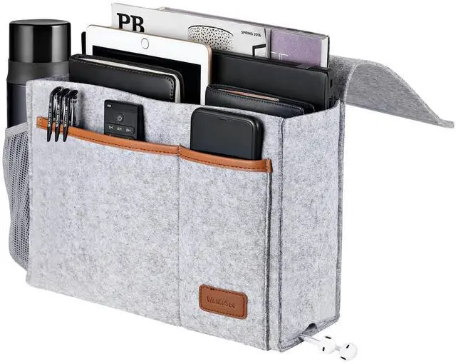 Main image of Bedside Caddy, Felt Bed Storage Organizer Hanging Bag Holder with 5 Pockets, Magazine Book Phone Tablet iPad Cables Remote and Water Bottle Holder for Home Dorm Bed Sofa, Light Gray