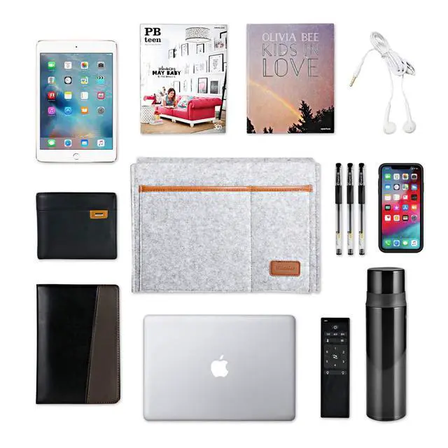 Alt view image 5 of 7 - Bedside Caddy, Felt Bed Storage Organizer Hanging Bag Holder with 5 Pockets, Magazine Book Phone Tablet iPad Cables Remote and Water Bottle Holder for Home Dorm Bed Sofa, Light Gray