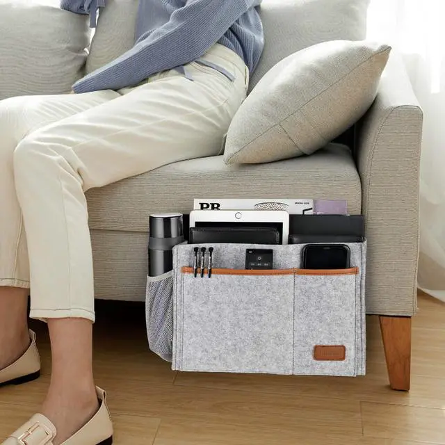 Alt view image 2 of 7 - Bedside Caddy, Felt Bed Storage Organizer Hanging Bag Holder with 5 Pockets, Magazine Book Phone Tablet iPad Cables Remote and Water Bottle Holder for Home Dorm Bed Sofa, Light Gray