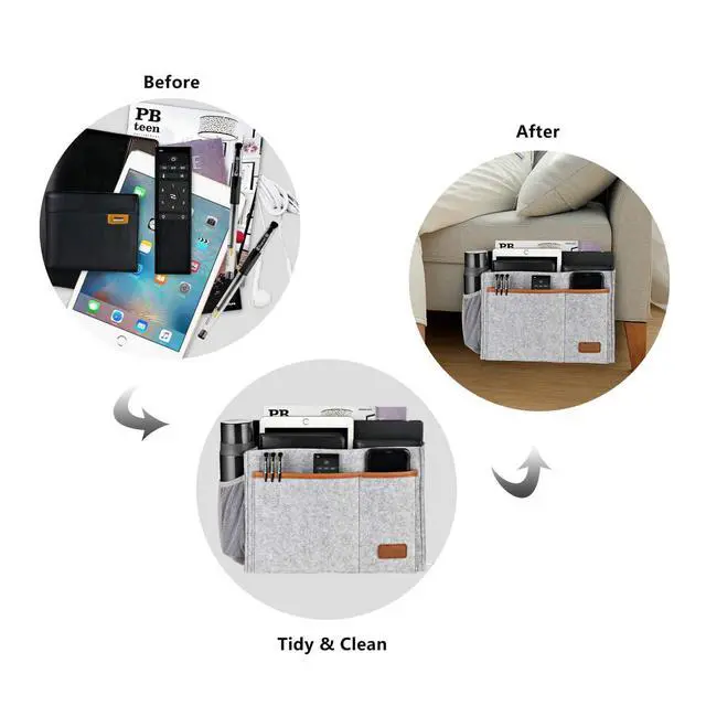 Alt view image 6 of 7 - Bedside Caddy, Felt Bed Storage Organizer Hanging Bag Holder with 5 Pockets, Magazine Book Phone Tablet iPad Cables Remote and Water Bottle Holder for Home Dorm Bed Sofa, Light Gray