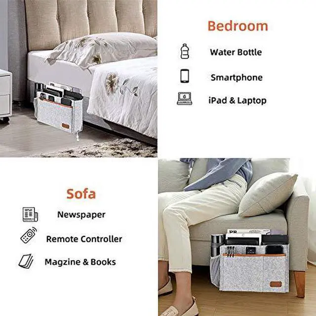 Alt view image 7 of 7 - Bedside Caddy, Felt Bed Storage Organizer Hanging Bag Holder with 5 Pockets, Magazine Book Phone Tablet iPad Cables Remote and Water Bottle Holder for Home Dorm Bed Sofa, Light Gray