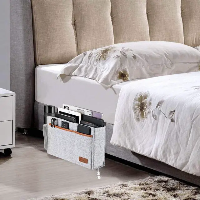 Alt view image 3 of 7 - Bedside Caddy, Felt Bed Storage Organizer Hanging Bag Holder with 5 Pockets, Magazine Book Phone Tablet iPad Cables Remote and Water Bottle Holder for Home Dorm Bed Sofa, Light Gray