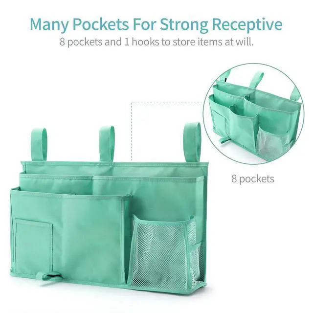 Alt view image 2 of 7 - Bunk Bed Organizer, Bedside Caddy Hanging Bed Organizer Storage Bag 8 Pockets, for College Dorm Rooms Bed, Hospital Bed, Baby Bed Rails, 600D Oxford Cloth (Light Green)
