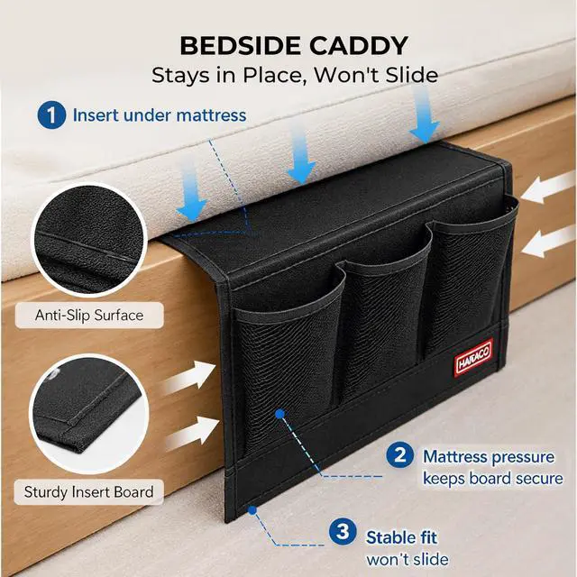 Alt view image 3 of 7 - Bedside Caddy, Remote Holder for Bed, Storage Organizer, Black | Pockets for Bed, Sofa, Phones, Magazines, Tablets and Accessories