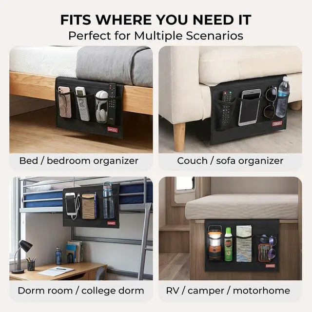 Alt view image 5 of 7 - Bedside Caddy, Remote Holder for Bed, Storage Organizer, Black | Pockets for Bed, Sofa, Phones, Magazines, Tablets and Accessories