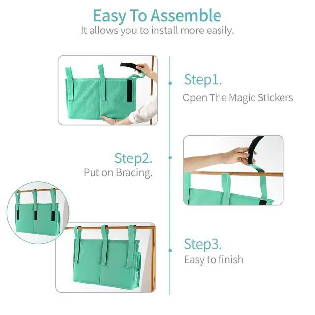 Alt view image 7 of 7 - Bunk Bed Organizer, Bedside Caddy Hanging Bed Organizer Storage Bag 8 Pockets, for College Dorm Rooms Bed, Hospital Bed, Baby Bed Rails, 600D Oxford Cloth (Light Green)