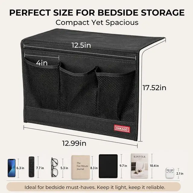 Alt view image 6 of 7 - Bedside Caddy, Remote Holder for Bed, Storage Organizer, Black | Pockets for Bed, Sofa, Phones, Magazines, Tablets and Accessories