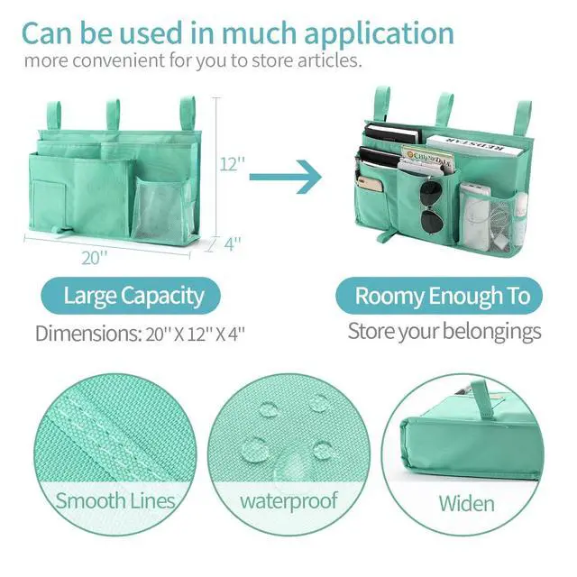 Alt view image 6 of 7 - Bunk Bed Organizer, Bedside Caddy Hanging Bed Organizer Storage Bag 8 Pockets, for College Dorm Rooms Bed, Hospital Bed, Baby Bed Rails, 600D Oxford Cloth (Light Green)