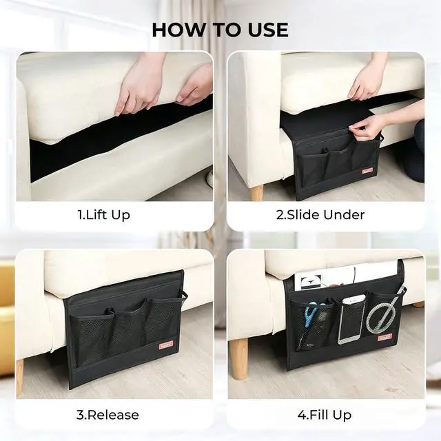 Alt view image 7 of 7 - Bedside Caddy, Remote Holder for Bed, Storage Organizer, Black | Pockets for Bed, Sofa, Phones, Magazines, Tablets and Accessories