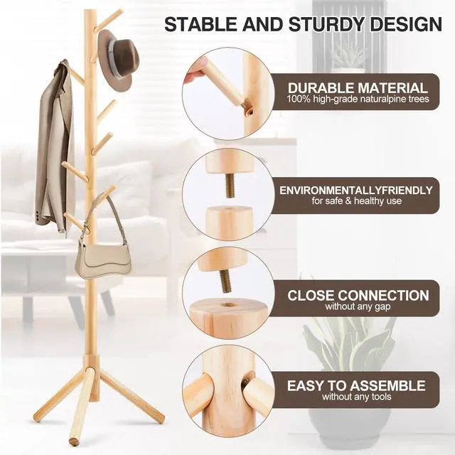 Alt view image 3 of 7 - Freestanding Coat Rack | Coat Rack with 8 Hooks and 3 Adjustable Size Tree for Bedroom, Hallway, Entrance, Office, for Hats, Coats, Scarves, Handbags