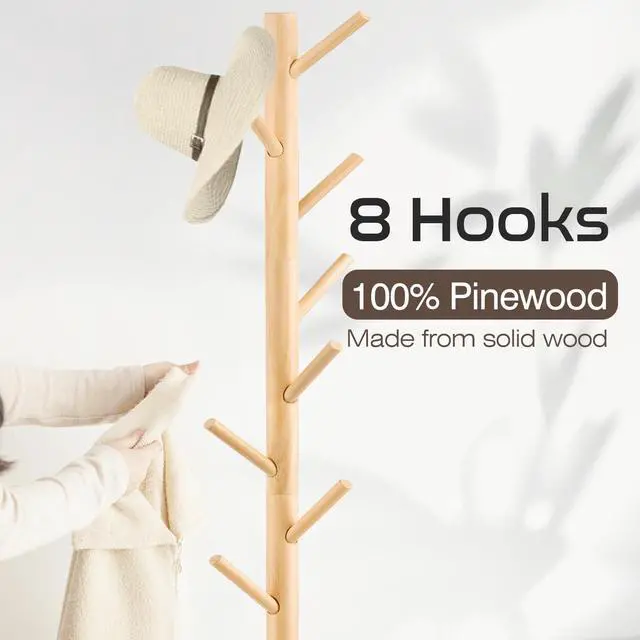 Alt view image 2 of 7 - Freestanding Coat Rack | Coat Rack with 8 Hooks and 3 Adjustable Size Tree for Bedroom, Hallway, Entrance, Office, for Hats, Coats, Scarves, Handbags