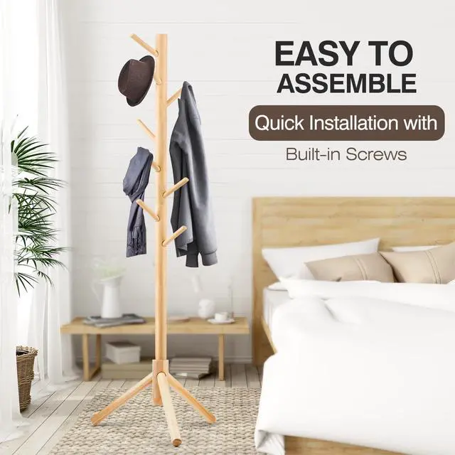 Alt view image 4 of 7 - Freestanding Coat Rack | Coat Rack with 8 Hooks and 3 Adjustable Size Tree for Bedroom, Hallway, Entrance, Office, for Hats, Coats, Scarves, Handbags