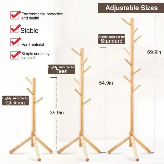 Alt view image 6 of 7 - Freestanding Coat Rack | Coat Rack with 8 Hooks and 3 Adjustable Size Tree for Bedroom, Hallway, Entrance, Office, for Hats, Coats, Scarves, Handbags