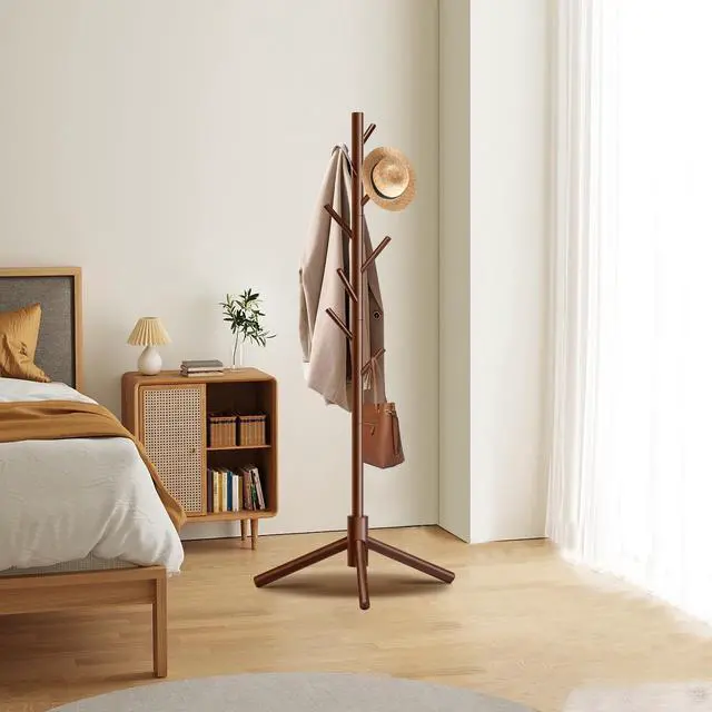 Alt view image 2 of 7 - 8-Hook Freestanding Wooden Coat Rack 3 Adjustable Heights Brown | Stable Triangular Base for Safety,Durable Construction,Simple Tool-Free Assembly,Ideal for Bedroom Hallway Office Entryway