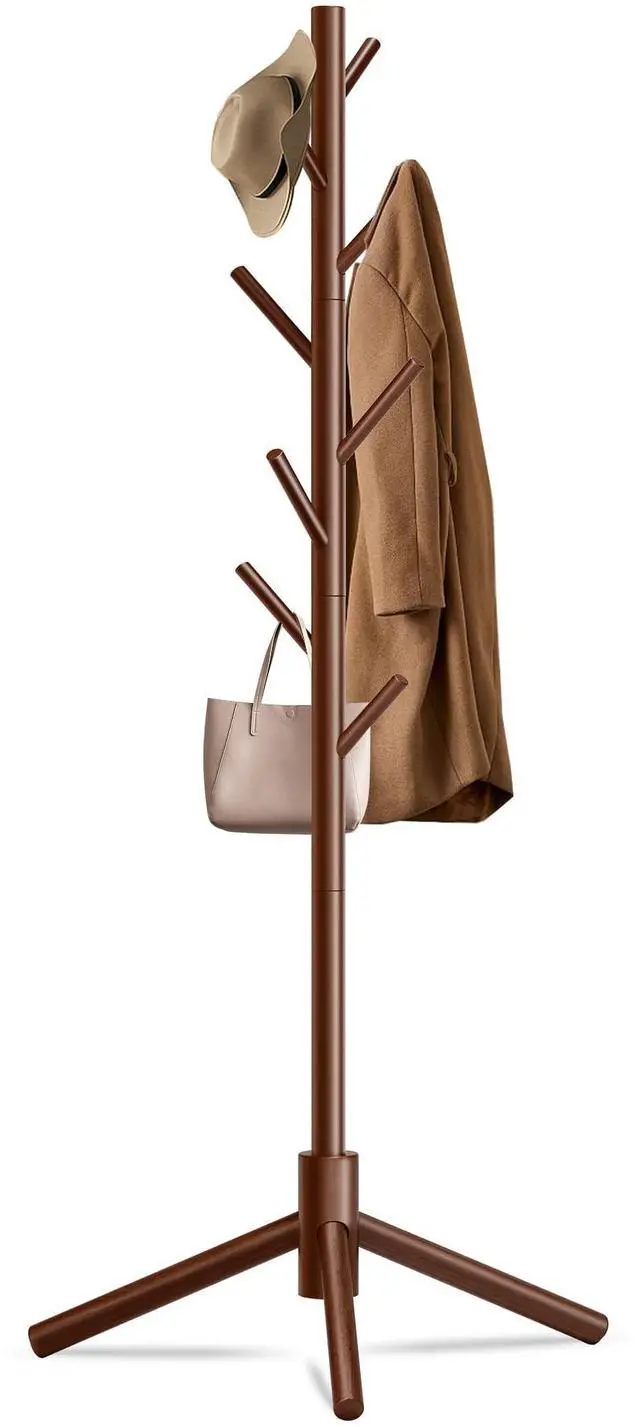Main image of 8-Hook Freestanding Wooden Coat Rack 3 Adjustable Heights Brown | Stable Triangular Base for Safety,Durable Construction,Simple Tool-Free Assembly,Ideal for Bedroom Hallway Office Entryway