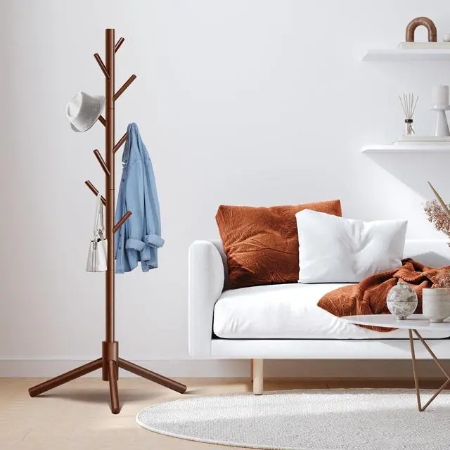 Alt view image 3 of 7 - 8-Hook Freestanding Wooden Coat Rack 3 Adjustable Heights Brown | Stable Triangular Base for Safety,Durable Construction,Simple Tool-Free Assembly,Ideal for Bedroom Hallway Office Entryway