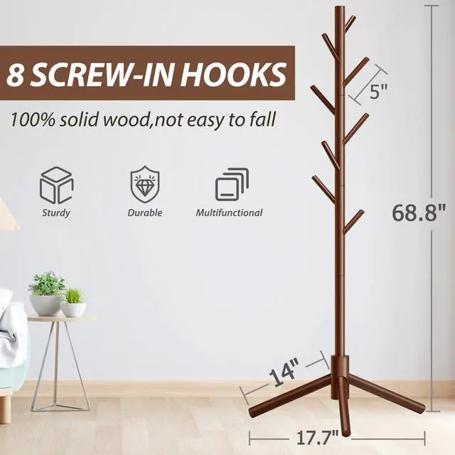 Alt view image 4 of 7 - 8-Hook Freestanding Wooden Coat Rack 3 Adjustable Heights Brown | Stable Triangular Base for Safety,Durable Construction,Simple Tool-Free Assembly,Ideal for Bedroom Hallway Office Entryway