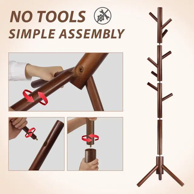 Alt view image 6 of 7 - 8-Hook Freestanding Wooden Coat Rack 3 Adjustable Heights Brown | Stable Triangular Base for Safety,Durable Construction,Simple Tool-Free Assembly,Ideal for Bedroom Hallway Office Entryway