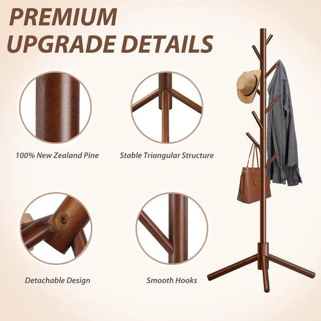 Alt view image 5 of 7 - 8-Hook Freestanding Wooden Coat Rack 3 Adjustable Heights Brown | Stable Triangular Base for Safety,Durable Construction,Simple Tool-Free Assembly,Ideal for Bedroom Hallway Office Entryway