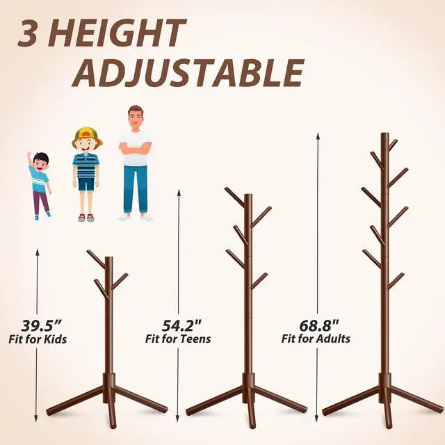 Alt view image 7 of 7 - 8-Hook Freestanding Wooden Coat Rack 3 Adjustable Heights Brown | Stable Triangular Base for Safety,Durable Construction,Simple Tool-Free Assembly,Ideal for Bedroom Hallway Office Entryway