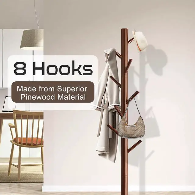 Alt view image 2 of 7 - Wooden Coat Rack Stand, Freestanding Coat Rack with 8 Hooks