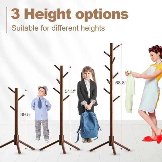 Alt view image 4 of 7 - Wooden Coat Rack Stand, Freestanding Coat Rack with 8 Hooks