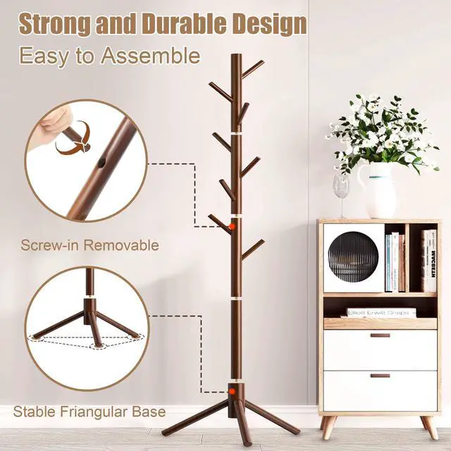 Alt view image 5 of 7 - Wooden Coat Rack Stand, Freestanding Coat Rack with 8 Hooks