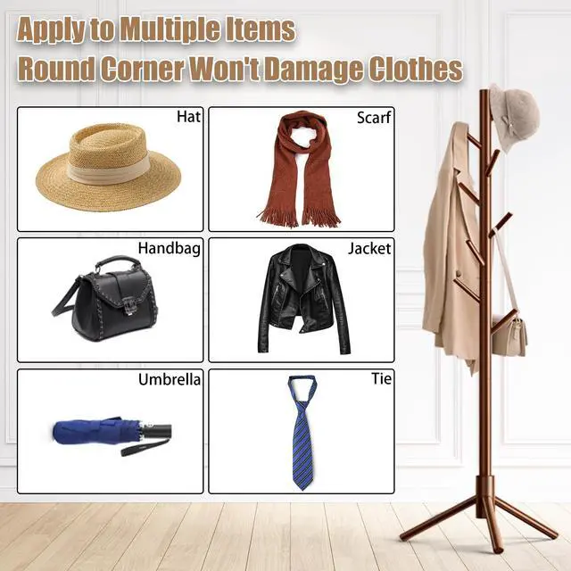 Alt view image 6 of 7 - Wooden Coat Rack Stand, Freestanding Coat Rack with 8 Hooks