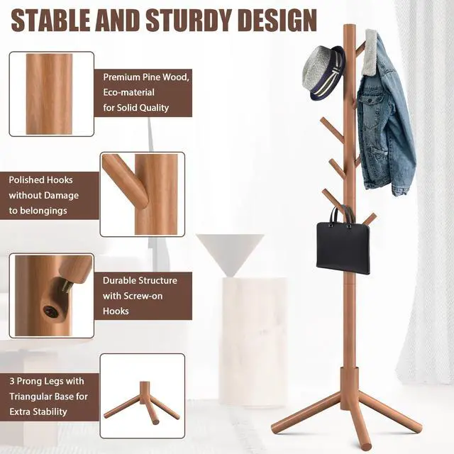 Alt view image 3 of 6 - Wooden Coat Rack Stand with 8 Hooks New Zealand Pine 3 Adjustable Coat Standing Tree Easy Assembly for Coats, Hats, Scarves and Handbags for Entryway, Hallway, Bedroom, Office