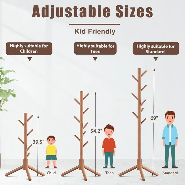 Alt view image 5 of 6 - Wooden Coat Rack Stand with 8 Hooks New Zealand Pine 3 Adjustable Coat Standing Tree Easy Assembly for Coats, Hats, Scarves and Handbags for Entryway, Hallway, Bedroom, Office
