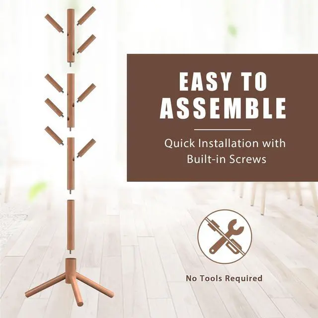 Alt view image 4 of 6 - Wooden Coat Rack Stand with 8 Hooks New Zealand Pine 3 Adjustable Coat Standing Tree Easy Assembly for Coats, Hats, Scarves and Handbags for Entryway, Hallway, Bedroom, Office