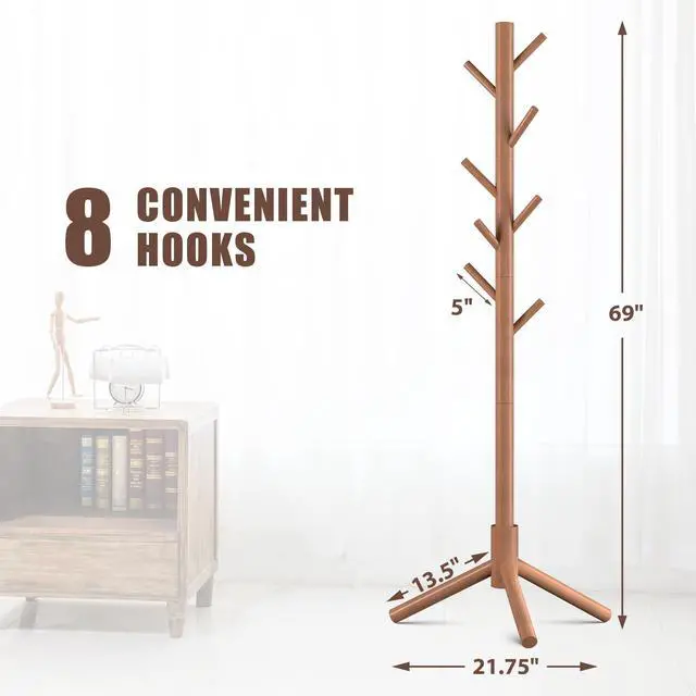Alt view image 2 of 6 - Wooden Coat Rack Stand with 8 Hooks New Zealand Pine 3 Adjustable Coat Standing Tree Easy Assembly for Coats, Hats, Scarves and Handbags for Entryway, Hallway, Bedroom, Office