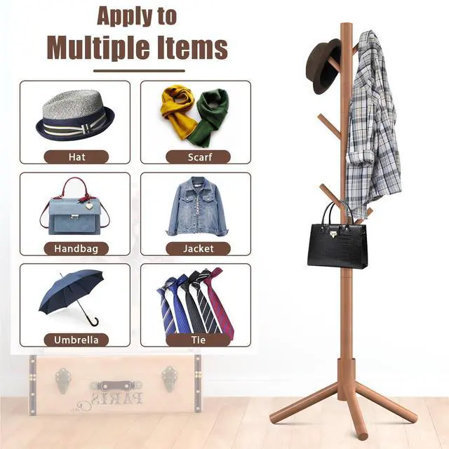 Alt view image 6 of 6 - Wooden Coat Rack Stand with 8 Hooks New Zealand Pine 3 Adjustable Coat Standing Tree Easy Assembly for Coats, Hats, Scarves and Handbags for Entryway, Hallway, Bedroom, Office