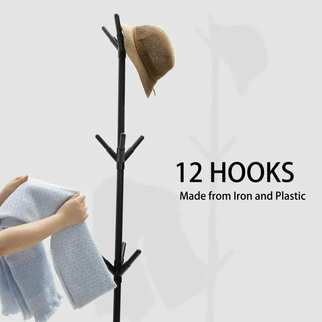 Alt view image 3 of 7 - Coat Rack Stand with 12 Hooks,Metal Freestanding Coat Standing,Light weight Cap Rack,Black