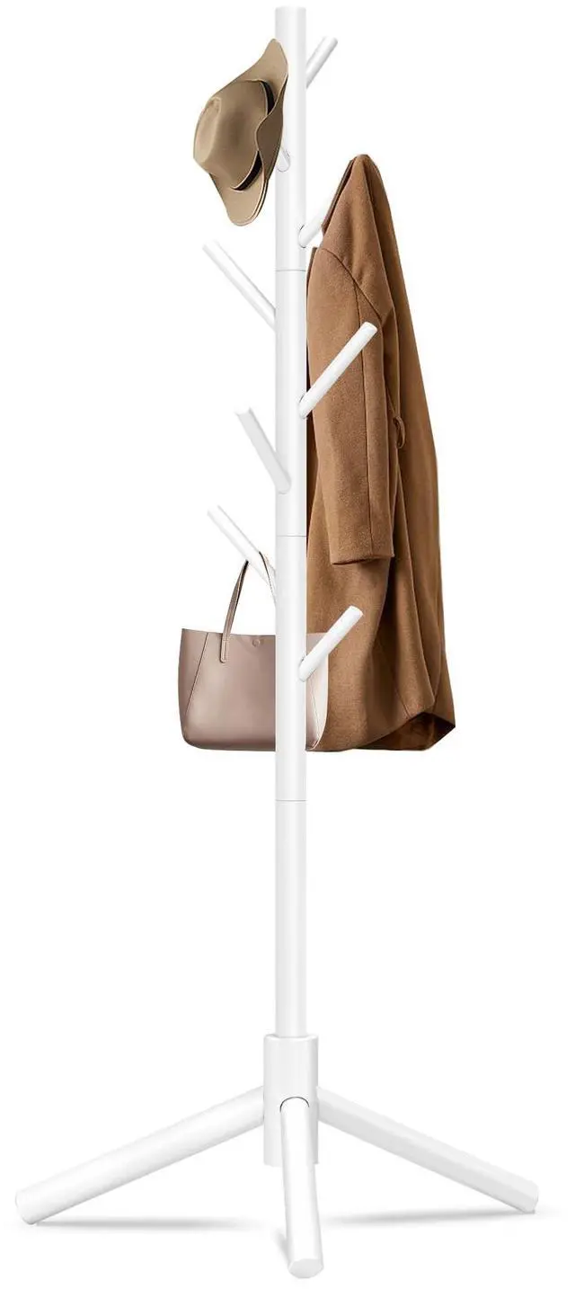 Main image of 8-Hook Freestanding Wooden Coat Rack 3 Adjustable Heights White | Stable Triangular Base for Safety,Durable Construction,Simple Tool-Free Assembly,Ideal for Bedroom Hallway Office Entryway